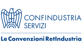 Logo blu Confindustria Servizi con aquila stilizzata e testo 'Le Convenzioni Retindustria' in basso.