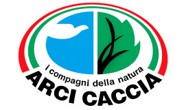 Logo Arci Caccia, 'i compagni della natura': ovale tricolore con silhouette di colomba bianca e una foglia verde.