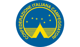 Logo Confederazione Italiana Campeggiatori: cerchio blu con una tenda gialla stilizzata sotto un cielo stellato.