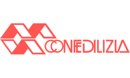 Logo Confedilizia di colore rosso, con la scritta affiancata a un simbolo geometrico che richiama dei tetti stilizzati.
