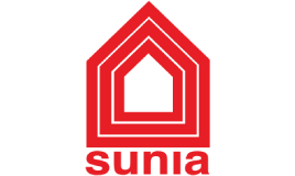 Logo sunia: una casa stilizzata geometrica a tre livelli concentrici, rossa su sfondo bianco, con la scritta "sunia".