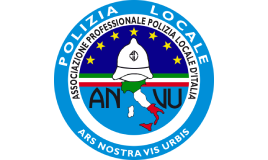 Logo circolare ANVU Associazione Professionale Polizia Locale d'Italia, con mappa d'Italia e casco bianco.