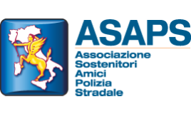 Logo ASAPS Associazione Sostenitori Amici Polizia Stradale, con centauro dorato alato sovrapposto alla mappa d'Italia.