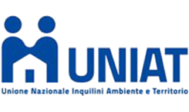 Logo UNIAT Unione Nazionale Inquilini Ambiente e Territorio in blu, con un simbolo grafico di due persone e una casa.