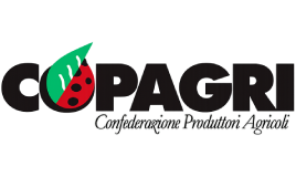 Logo Copagri: scritta nera con foglia verde/coccinella rossa nella 'O', e testo "Confederazione Produttori Agricoli".