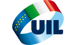Logo UIL blu scuro avvolto da un nastro tricolore italiano ed europeo con stelline gialle.