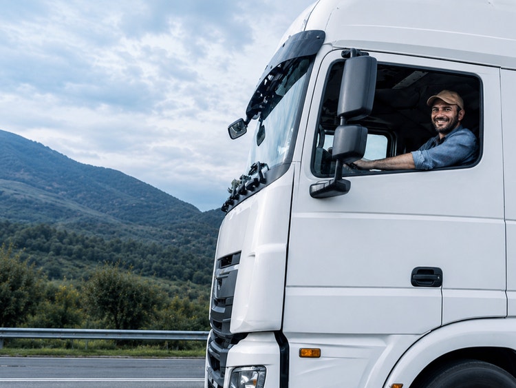 Camionista sorridente alla guida di un grande camion bianco su una strada di montagna.