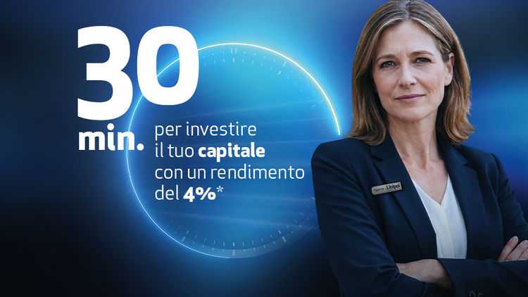 Consulente in abbigliamento professionale su uno sfondo grafico promozionale