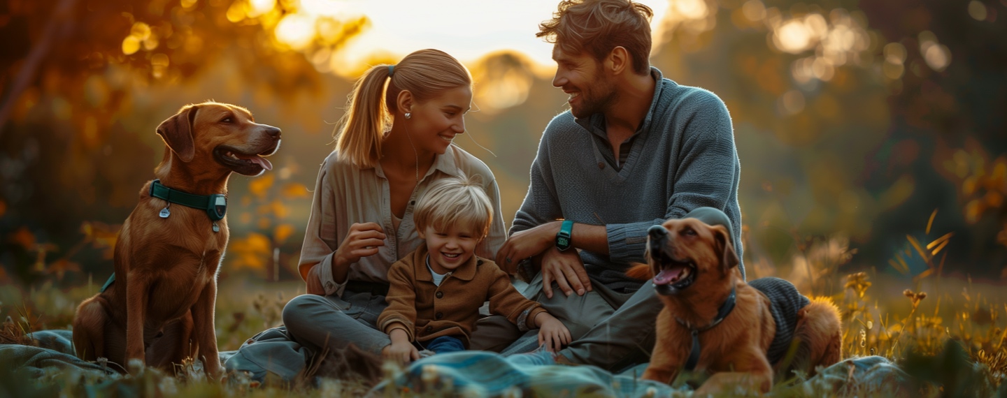 Famiglia felice con cani su un prato