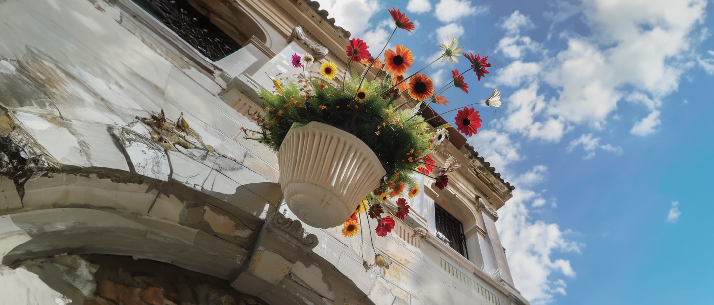 Vaso di fiori caduto da balcone di appartamento